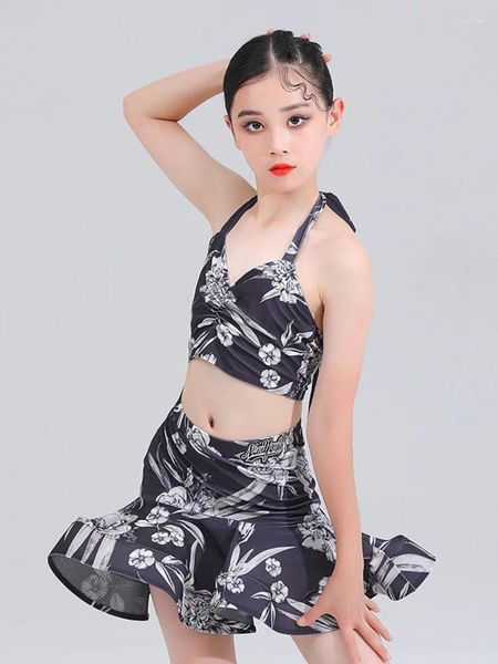 Stage Wear Bambini Leopardo Linea di pratica di danza latina 2 pezzi Set Costume di pancia Classico Concorso senza schienale Top Ragazza Valzer Gonna con volant