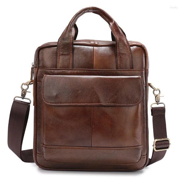 Maletas de negócios verticais de couro genuíno maleta masculina vintage camada superior de couro crossbody ombro