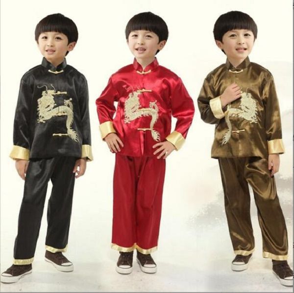 Оптовая продажа, новый китайский стиль, детский атласный костюм Тан, детский костюм с вышивкой дракона, кунг-фу Тан, новогодняя одежда для вечеринки, дня рождения