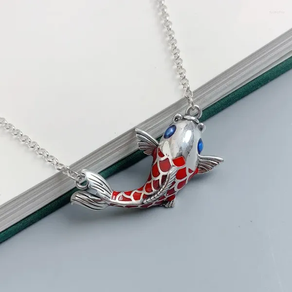Цепочки из серебряного карпа 925, ожерелье с красной рыбой для женщин, винтажная эмалированная цепочка на ключицу, изысканный китайский стиль, кулон, ювелирные изделия
