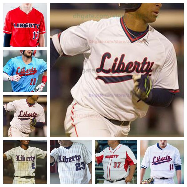 Maglia da baseball personalizzata Liberty Flames tutte cucite maglie da uomo e da donna 29 Ryan Butler 38 David Marshall 39 Nick Moran 43 Cole Hertzler 47 Talor Grubbs Kane Kepley