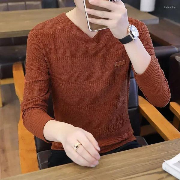 Suéter masculino de malha suéter masculino pullovers sobre roupas cor sólida branco liso v pescoço modo em maletry coreano 2024 outono primavera