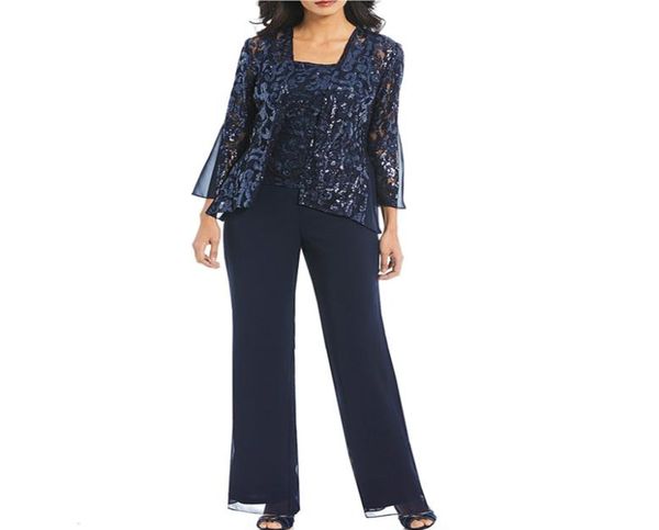 Marineblaue dreiteilige Hosenanzüge für die Brautmutter, Spaghettiträger, Pailletten und Chiffon, Hochzeitsgast-Outfit, Plus-Size-Party, Go9868542