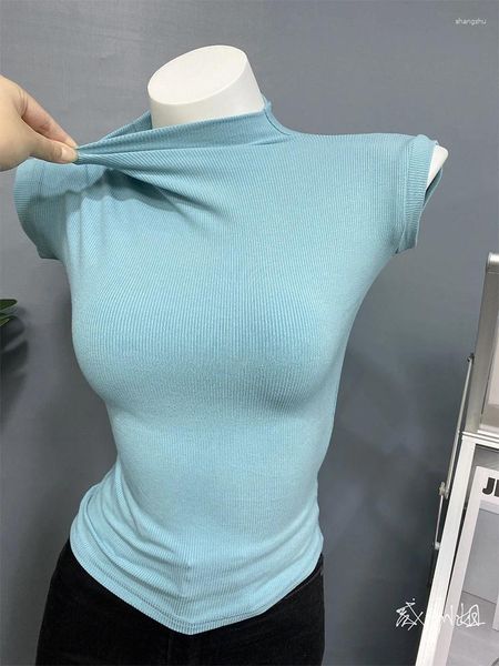 Regatas femininas azul camiseta menina harajuku gola alta manga curta magro streewear vintage 90s estética y2k topo roupas 2024