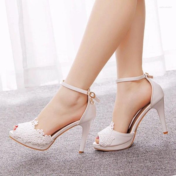 Sandálias Mulher Bombas Salto Alto Lace Buckle Strap PU 10cm Fino Escritório Senhora Trabalho Mulheres Sapato Vestido Branco