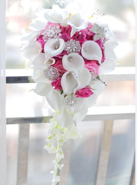 2018 highend personalizzato bianco calla giglio rosa rossa ortensia fai da te spilla in cristallo di perle gocce bouquet da sposa1624756