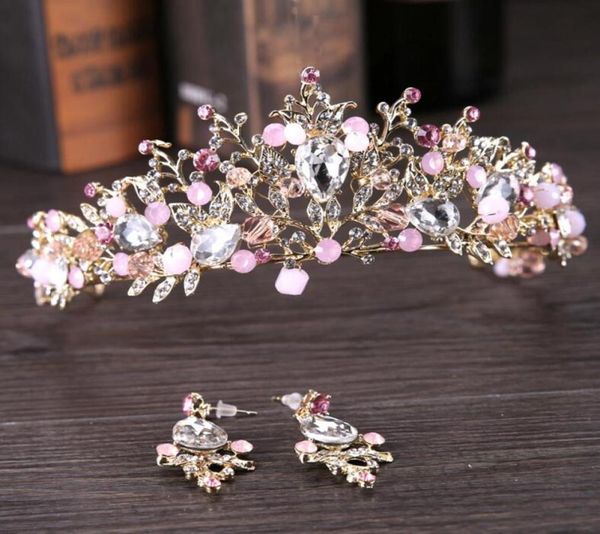 Wunderschöne rosa Kristalle Hochzeit Diamante Pageant Tiaras Haarband mit Ohrringen Kristall Brautkronen für Bräute Kopfschmuck Silber G2365632