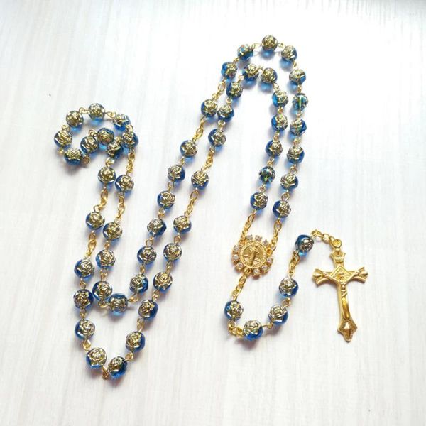 Ожерелья с подвесками CottvoRhinestone, медаль Святого Бенедикта, четки, ожерелье, религиозные голубые розы, четки, цепочка, распятие, крест, ювелирные изделия