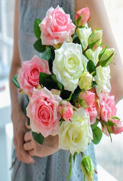 Flores de casamento buquê de noiva branco dama de honra toque real rosas de látex artificial diy acessórios de casamento festa decoração de casawe2391637
