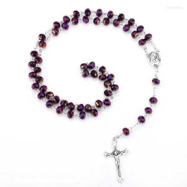 Anhänger-Halsketten, lila Vintage-Maria-Kreuz-Halskette, Glaskristallperlen, katholischer Rosenkranz, Gebetskette, Religionsschmuck