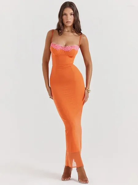 Vestidos Casuais 2024 Elegante Spaghetti Strap Lace Patchwork Laranja Vestido Longo Mulher Sexy Cintura Alta Bodycon Backless Slit Holiday Beach