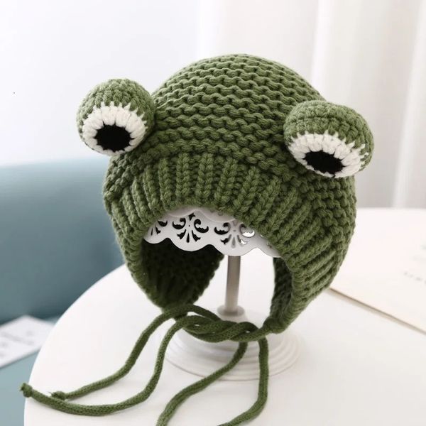 Sapo malha lã boné cor sólida dos desenhos animados bebê outono inverno proteção de orelha diversão headwear quente cabeça capa chapéu das crianças earmuff 240113