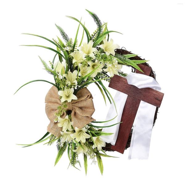 Декоративные цветы Пасхальный венок с крестом и бантом, подвесной весенний орнамент для передней двери, стены, окна, сада, украшения дома