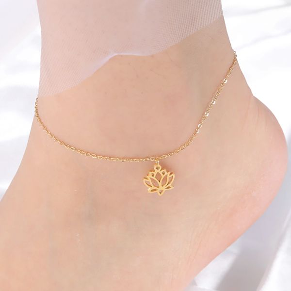 Tornozeleira feminina flor de lótus 14k ouro amarelo boêmio pingente perna pé tornozelo pulseira acessórios de praia joias