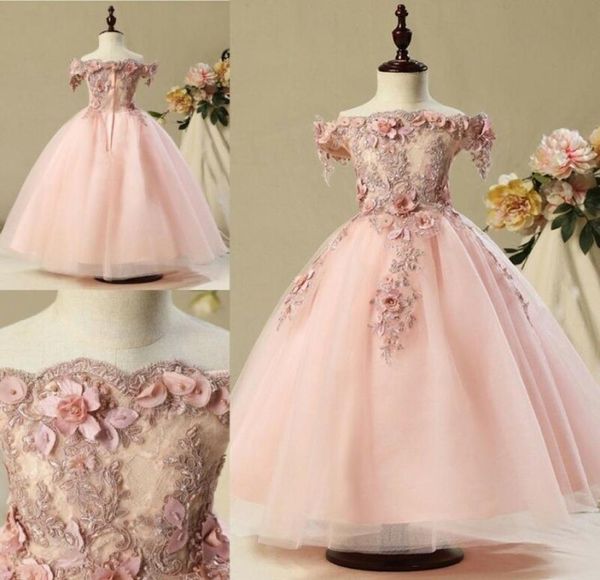 Vintage rosa fora do ombro flor meninas vestidos de renda apliques contas crianças pequenas crianças pageant vestidos princesa primeira comunhão dr2209847