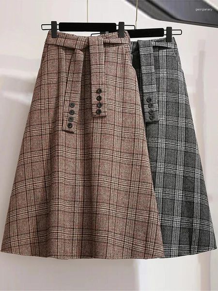 Röcke Plaid Langer Rock Frauen Herbst Winter Woolen Midi Weiblichen Koreanischen Stil A-Line Maxi Dame Elegante Vintage Casual