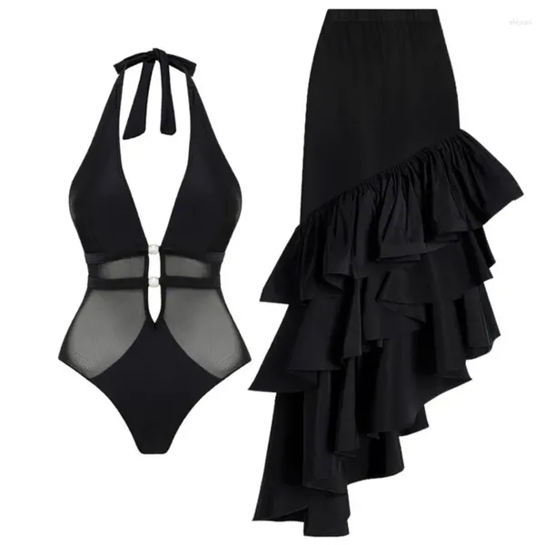 Mulheres Swimwear Vintage Cor Preto Sólido One-Peça Swimsuit Set Sexy Lingerie para Mulheres Vestido de Praia Elegância Luxo Slim Fit Cover Up