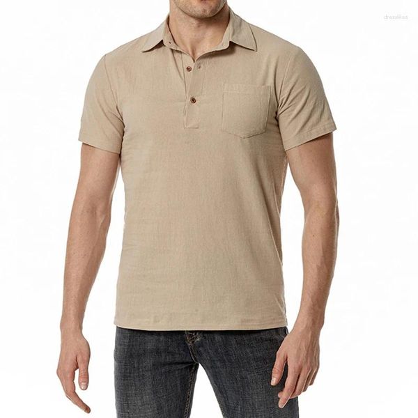 T-shirt da uomo T-shirt in cotone e lino kaki da uomo Colletto rovesciato Camicia a maniche corte Tasca moda estiva con bottoni solidi T-shirt per uomo