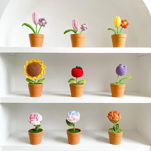Flores decorativas de malha à mão simulação vaso de plantas criativa boneca fofa buquê de rosas casa quarto escritório decoração de mesa pequena