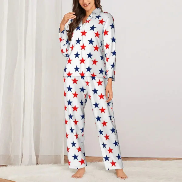 Mulheres Sleepwear Cool American EUA Bandeira Pijama Conjuntos Outono Azul Estrelas Vermelhas Imprimir Elegante Sono Mulheres 2 Peça Oversized Design Nightwear