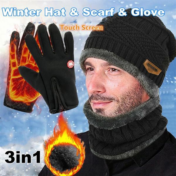 3 pçs inverno malha gorro chapéu pescoço mais quente luvas velo forrado crânio boné infinito cachecóis tela de toque luvas para homens mulheres 240113