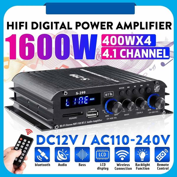 Динамики 4*400W 4,1 -канальный мини -HiFi Digital Bluetooth Беспроводной усилитель мощности автомобиль домашний звуковой стереодинамик с усилителем басов USB/SD Aux