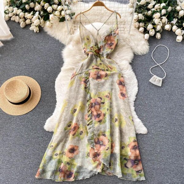 Casual Kleider Französisch Retro Blumen Ölgemälde Druck Kleid Weibliche Unregelmäßige Große Schaukel Urlaub Stil Open-back Sling