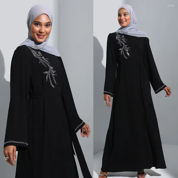 Roupas étnicas Perfuração Elegante Médio Oriente Muçulmano Mulheres Robe 2024 Manga Longa Vestido Preto com Arco Turquia Dubai Senhoras Kaftans