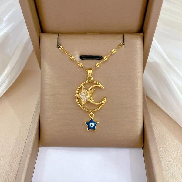 Collane con ciondolo Zircone Luna Stella per donna Collana Bule in acciaio inossidabile color oro Regalo di gioielli per feste di Natale Collier Femme