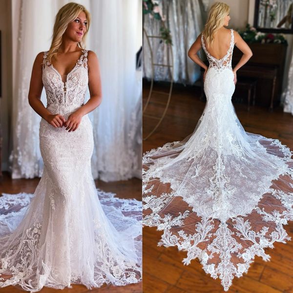 Luxo sereia vestido de casamento para noiva com decote em v cintas de espaguete sexy sem costas apliques rendas vestidos de noiva duas camadas trem vestidos de noiva para casamento nw047