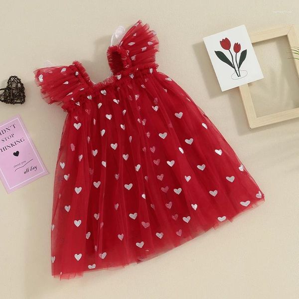 Vestidos de menina infantil bebê dia dos namorados romer tutu vestido manga coração impressão tule malha macacão conjunto com arco bandana