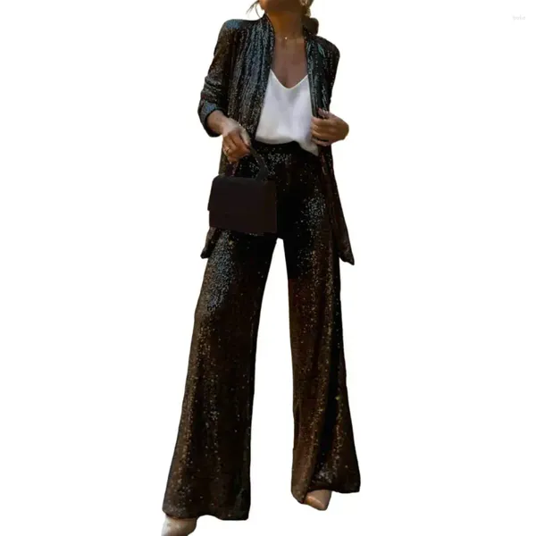 Pantaloni da donna Cappotto cardigan con paillettes Stile formale da pendolarismo Vita alta Gamba larga per donna Manica lunga tinta unita lucido