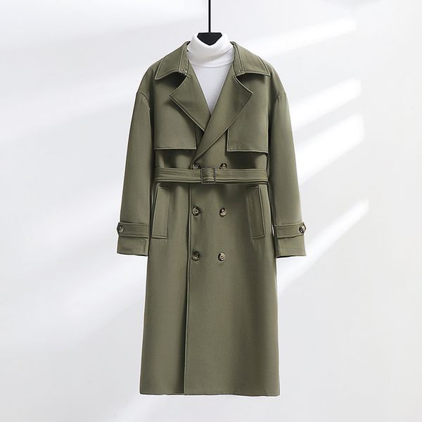 Trench da uomo Primavera Autunno Lungo verde doppio petto con risvolto giacca a vento con cintura stile New England M-6XL