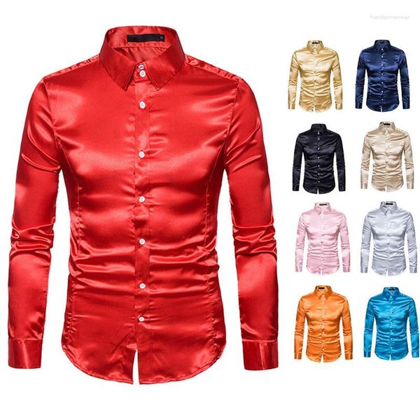 Camisas casuais masculinas seda vermelha como cetim vestido mandarim colarinho slim fit homens smoking camisa festa de casamento baile discoteca masculino