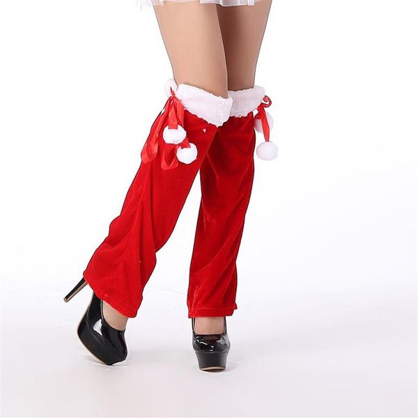 1 Paar roter Weihnachtssamt für Damen mit weißen flauschigen Borten, Schleifen, Kugeln, Beinstulpen, Manschettenaufsätze, Stiefelsockenüberzüge, Multi-Style 202P