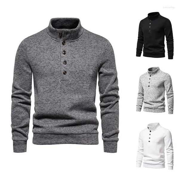 Camisolas masculinas 2024 outono e inverno camisola casual botão sólido alta pescoço moda jacquard pulôver malha top