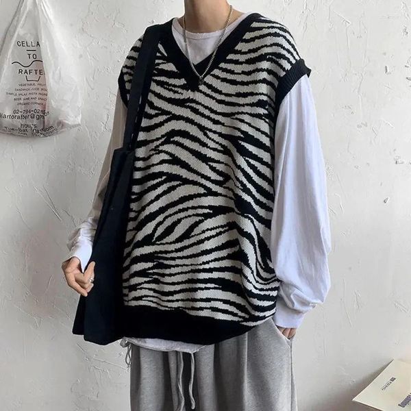 Coletes masculinos de malha camisola masculina colete estilo coreano roupas zebra impressão preto sem mangas colete v pescoço moda 2024 tendência de inverno velho x