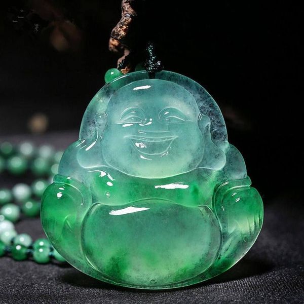 Estátua de Buda Maitreya esculpida pingente de jade natural Chinês branco verde jade sorriso Colar Jewelry270o