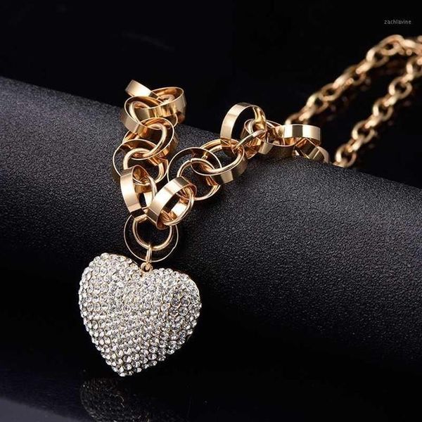 Anhänger Halsketten Große Liebe Herz Pendent Halskette Gold Silber Farbe Dicke Runde Kette Voller Klarer Kristall 3D Weibliche Vintage Schmuck267H