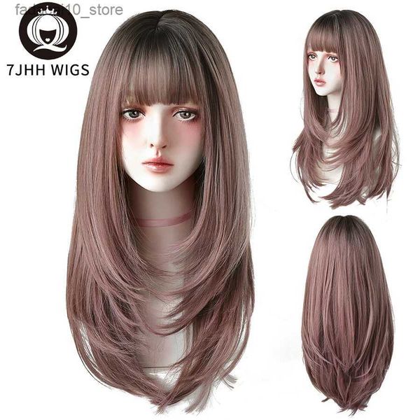 Perucas sintéticas 7JHH perucas sintéticas longas retas rosa cabelo marrom top tingido preto omber perucas com franja para mulheres moda resistente ao calor perucas q240115