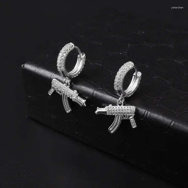 Baumelnde Ohrringe im Hip-Hop-Stil, vereistes Kupfer, Zirkonia, Gun, Herren-Trend-Accessoires, antiallergischer Schmuck, Geschenke