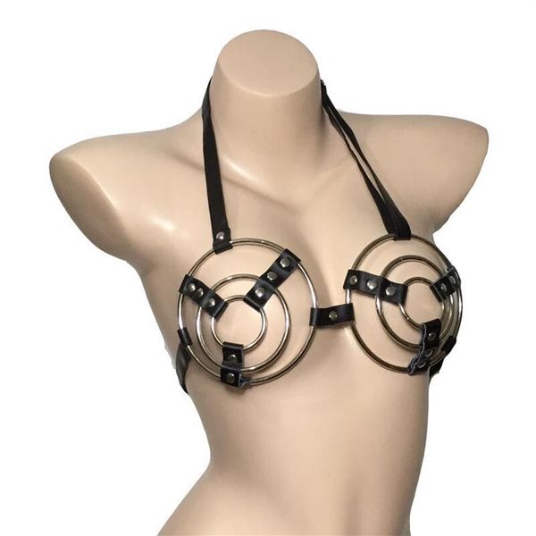 Donne sexy cinturino in pelle anello in metallo coppa aperta parte superiore del corpo imbracatura per il seno capestro reggiseno top fetish gioco di ruolo costume punk214k