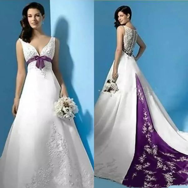 Vintage branco e roxo uma linha vestidos de casamento rendas apliques cintura império plus size vestidos de noiva sem mangas longo elegante vestido de noiva de cetim 2024 verão