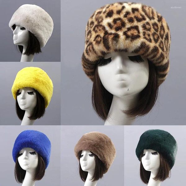 Berets Dickes pelziges Haarband Russische Kunstpelzmütze für Frauen Mädchen Outdoor Winter Warme Kuppelhüte Kappe Ski Leopardenmuster Beanie
