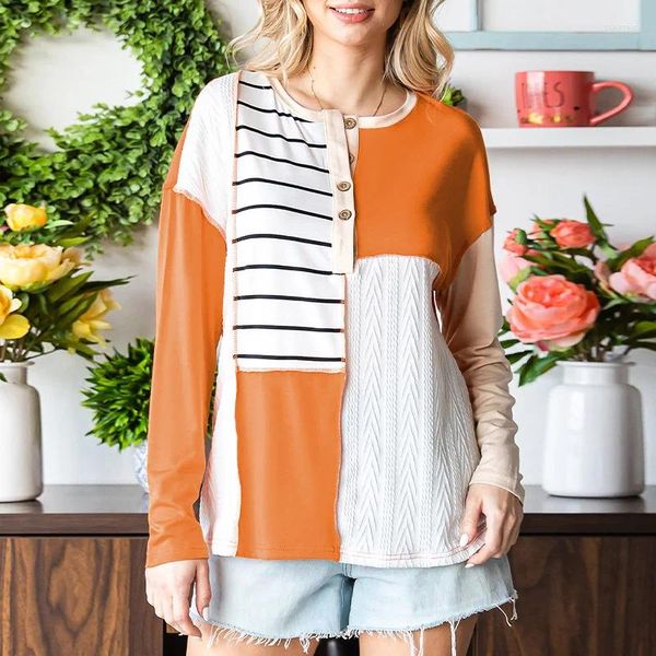 T-shirt da donna T-shirt inferiore casual con patchwork a blocchi di colore a righe arancioni a maniche lunghe 25118059