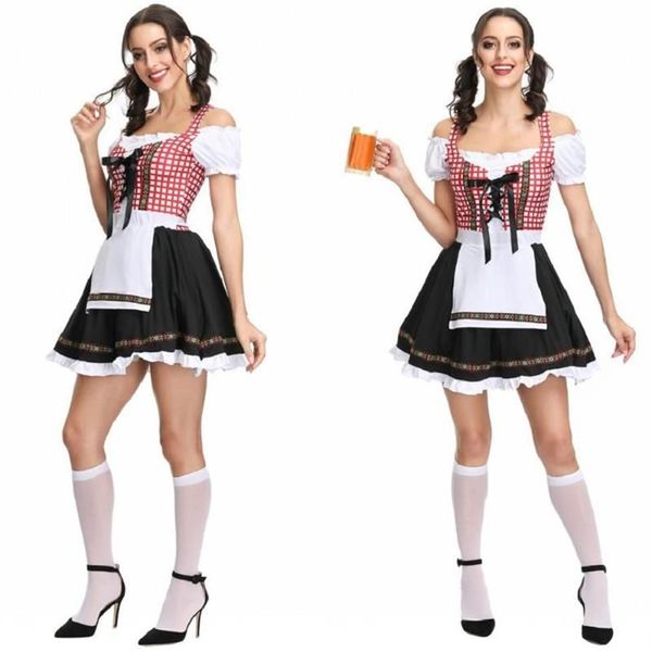 2019 Frauen Dirndl Kleid Dienstmädchen Outfit Kellner rot karierte Kleidung mit Schürze Deutsches Oktoberfest Bayerisches Bier Karneval Kostüm306R