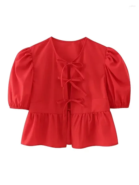 Blusas de mujer para mujer O-cuello Casual 2024 plisado corto Tops señoras Primavera Verano Vintage Puff manga rojo abierto puntada encaje hasta blusa