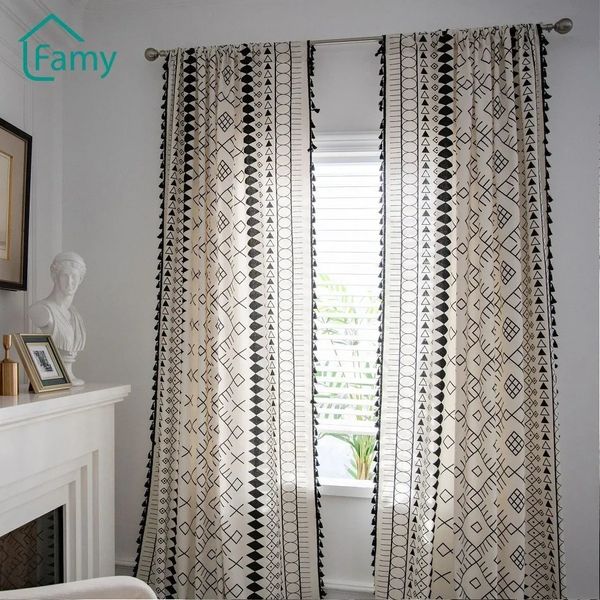 Boho-Baumwoll-Leinen-Vorhang, amerikanische Quaste, schwarz-weiß bedruckte Vorhänge für Wohnzimmer, Schlafzimmer, Küche, Heimtextilien 240115