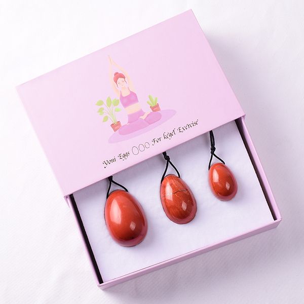 Massagem Yoni Egg 3 PCS com caixa de presente Natural Red Jasper Stone Eggs Yoni Mineral Quartz Massageador Cura Bola Kegel Exercício Relaxar Músculo do Assoalho Pélvico