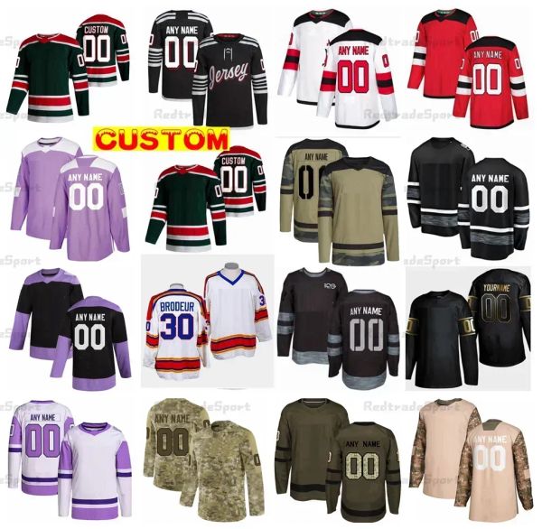 Personalizado Mens mulheres juventude Nova Jersey''Devils''Reverse Retro Blackwood Tomas Tatar Jesper Bratt Wood Camo luta contra o câncer Hischier Hughes Hamilton Bro